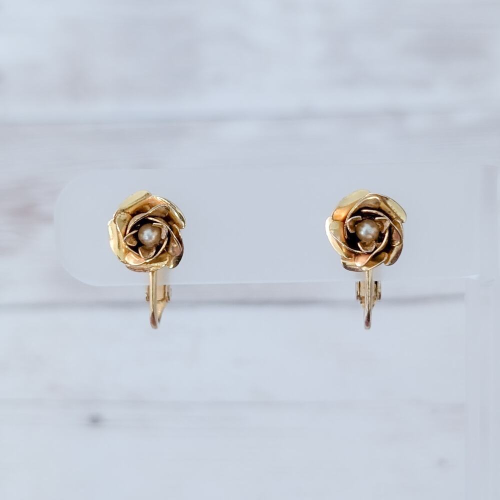 Vintage Clip On Earrings Gold Tone Dainty Rose with Faux Pearl Center
